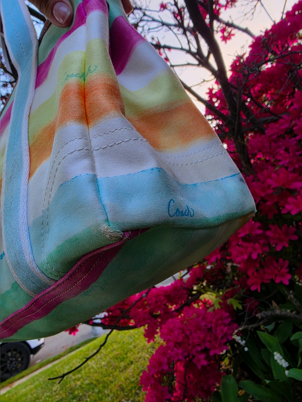 Coach Watercolor Pastel Stripe Canvas Leather Trim Hampton Tote Bag. - Picture 10 of 15